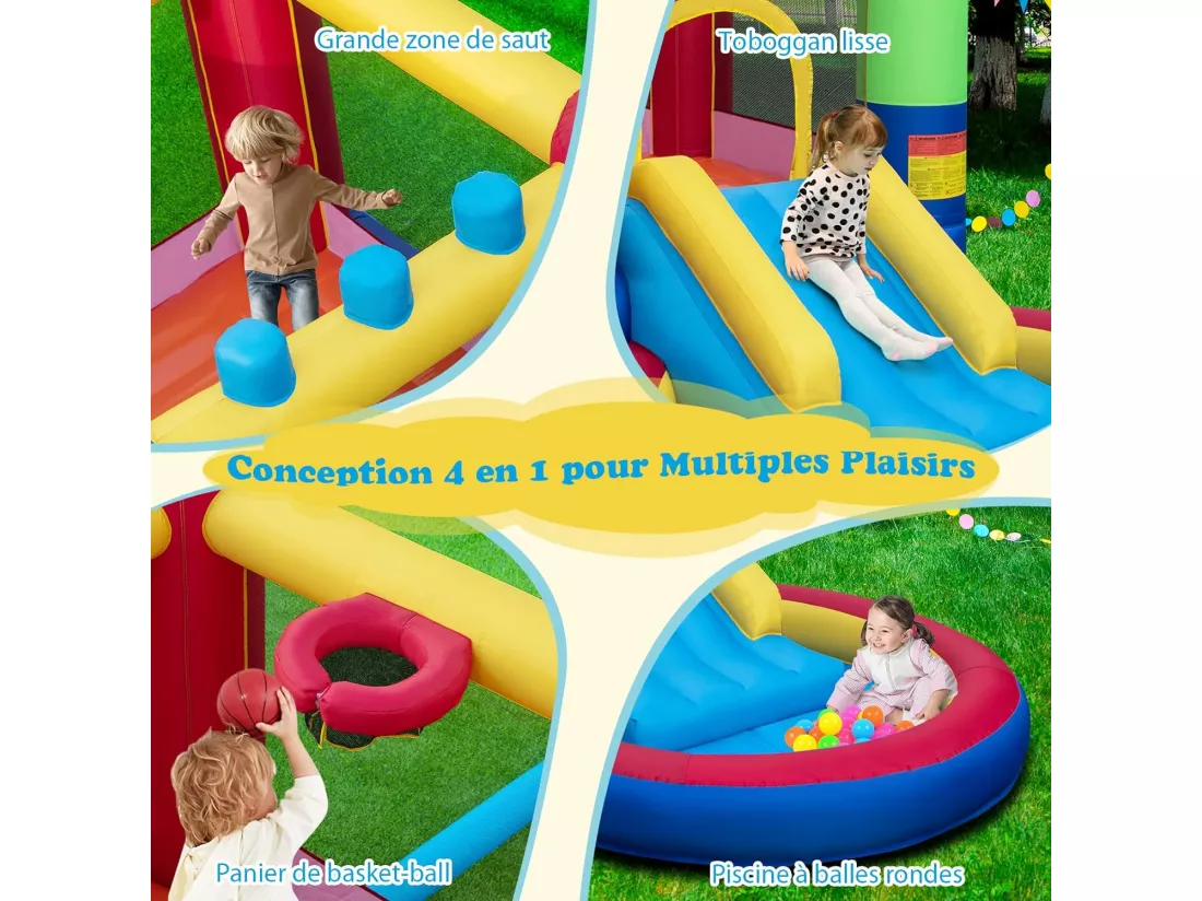 4 en 1 Château Gonflable Enfants avec Toboggan et Souffleur 480W, Maison de Rebond Gonflable avec Piscine et 50 Boules, Thème Puzzle, Parc Aquatique, Charge Max 90kg, 3 Ans+