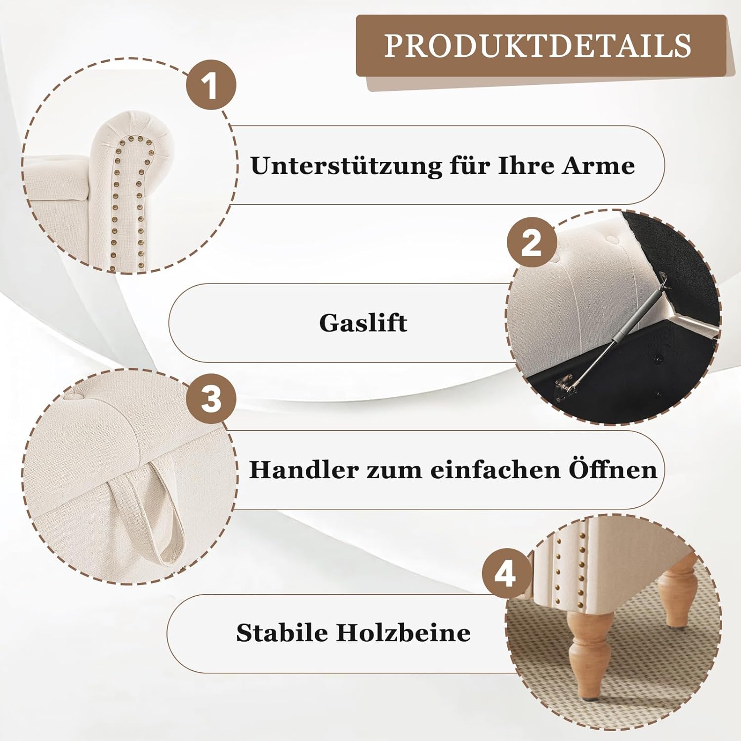 Sitzbank mit Stauraum, Bettbank Aufbewahrungsbox Fußbank 132 x 45 x 53 cm, Polsterbank mit Beinen für Wohnzimmer Schlafzimmer Flur, Beige