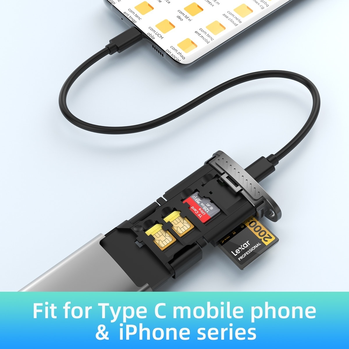 NÖRDIC USB-A 3.1, USB-C 3.1, Lightning-kortleser og lagringsskap 2 spor SD, MicroSD, 1xUSB-A UHS-I