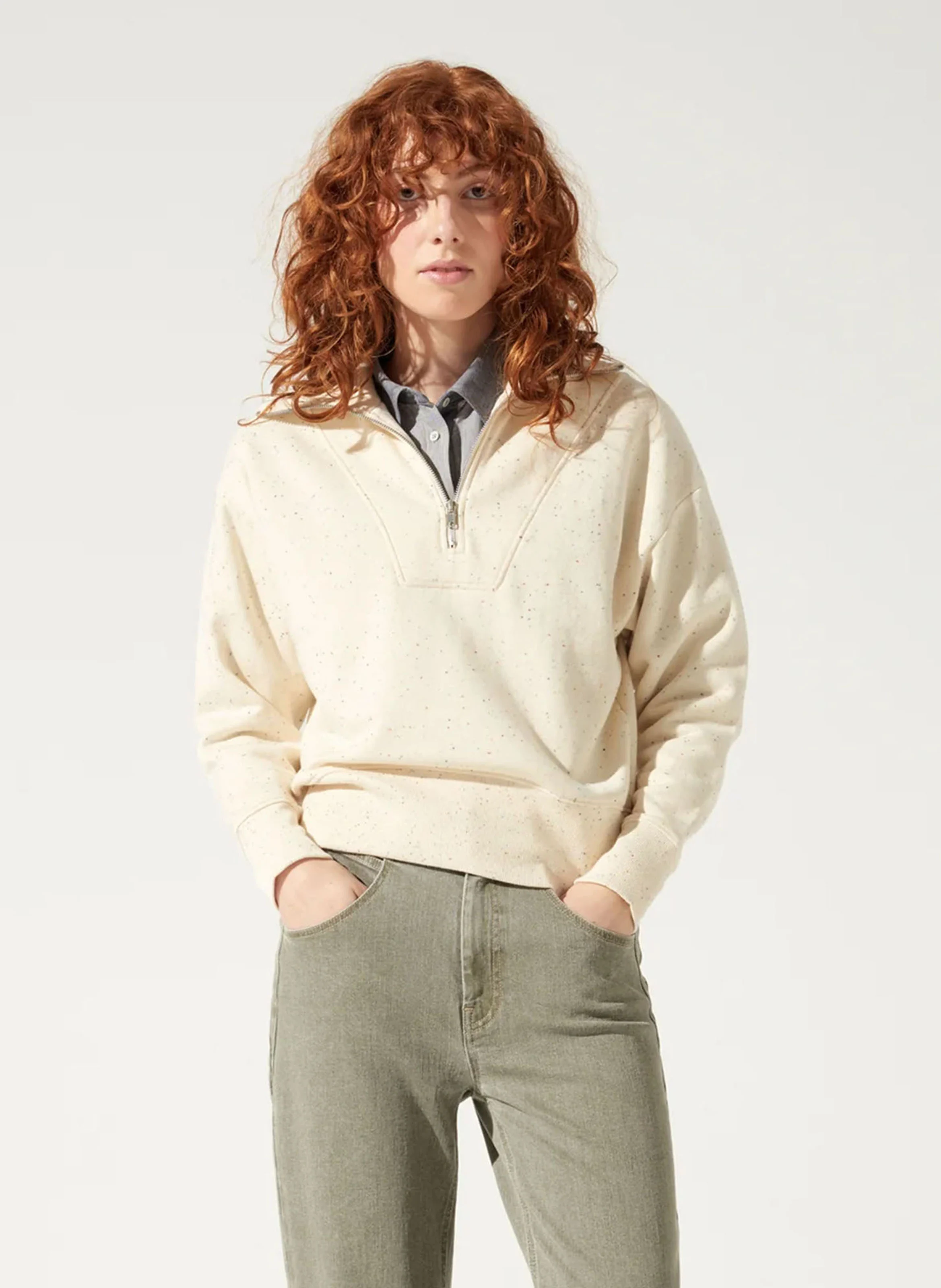 JENA - Sweat droit col camionneur en coton mélangé | Blanc