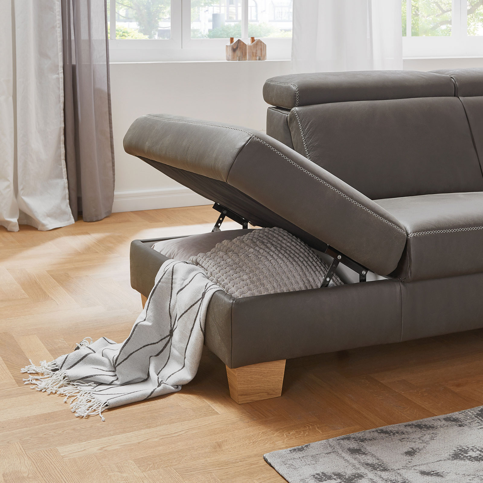 polsterpower 2,5-Recamiere Ledersofa - grau - mit Funktionen - Armlehne rechts