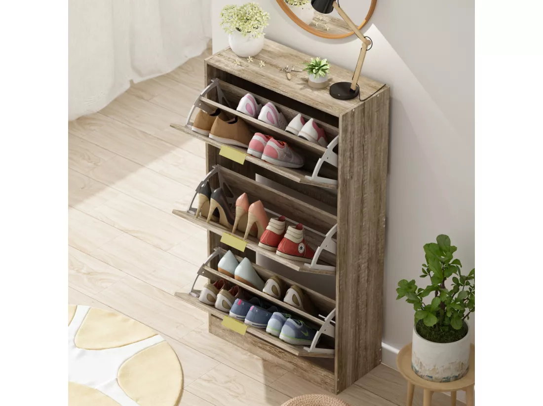 Meuble à chaussures miroir avec 3 abattants 5 niveaux 12 paires 107.5x54x24cm Bois