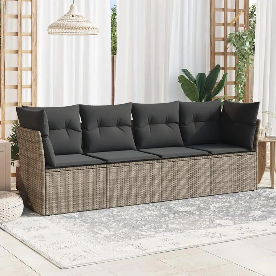 vidaXL Loungeset met kussens - set van 4 - Grijs - Poly Rattan - 234x62x69 cm