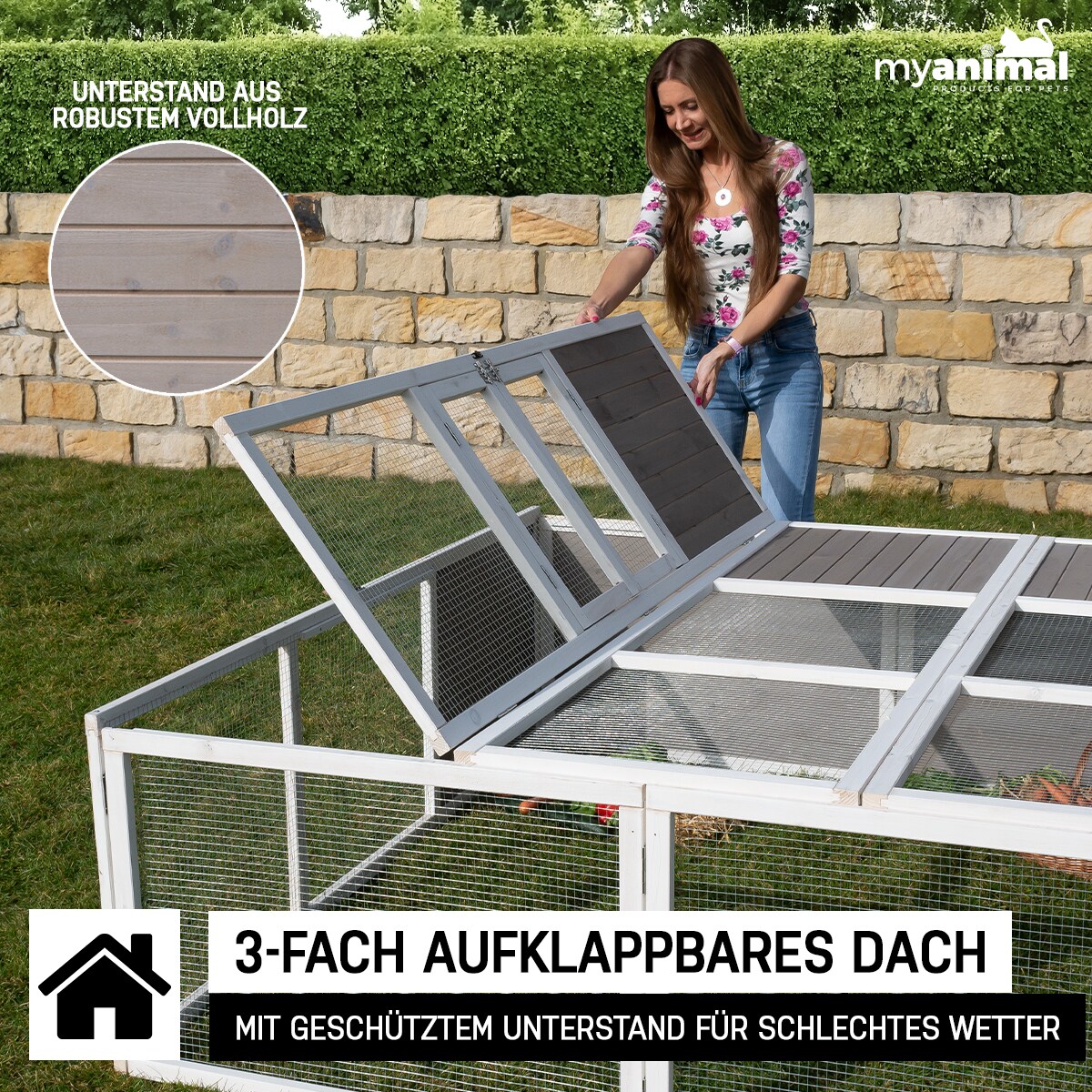 MyAnimal HasenstallMH-06 Freilaufgehege, Kaninchenstall XXL, mit Unterstand, Simple-Fold, Vollholz (Grau)