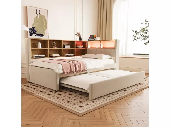Lit gigogne 90x200 et 90x190 avec prise USB et nombreux compartiments de rangement lit rembourré multifonction lit simple Beige