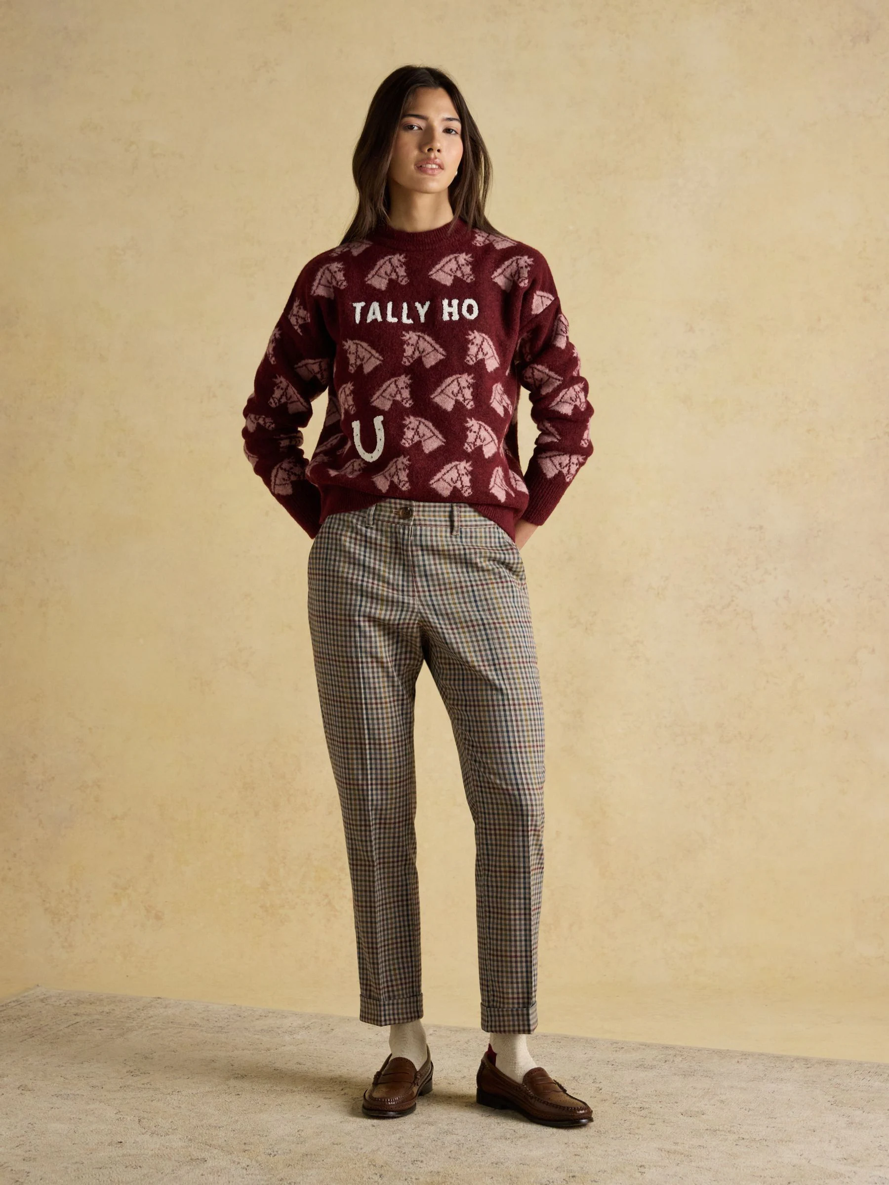 Bourgondisch Tally Ho - Joules Gebreide Trui met Ronde Hals