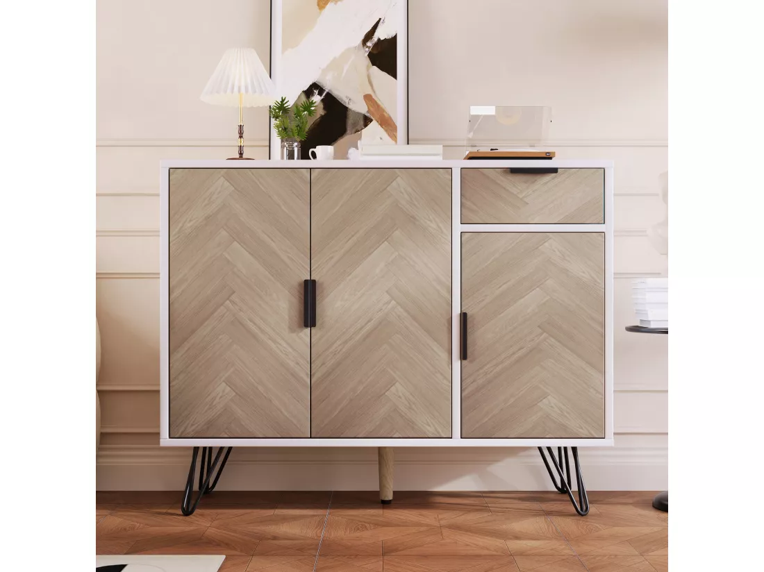Armoire de rangement moderne, meuble en blanc et imitation bois avec tiroir et étagères réglables en hauteur (90 x 30 x 71,5 cm)