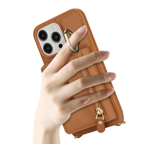 iPhone 14 Pro Necklace Leder Hülle mit Münzfach und Kartenfächer   Finger Griff Halterung   Handykette - Braun