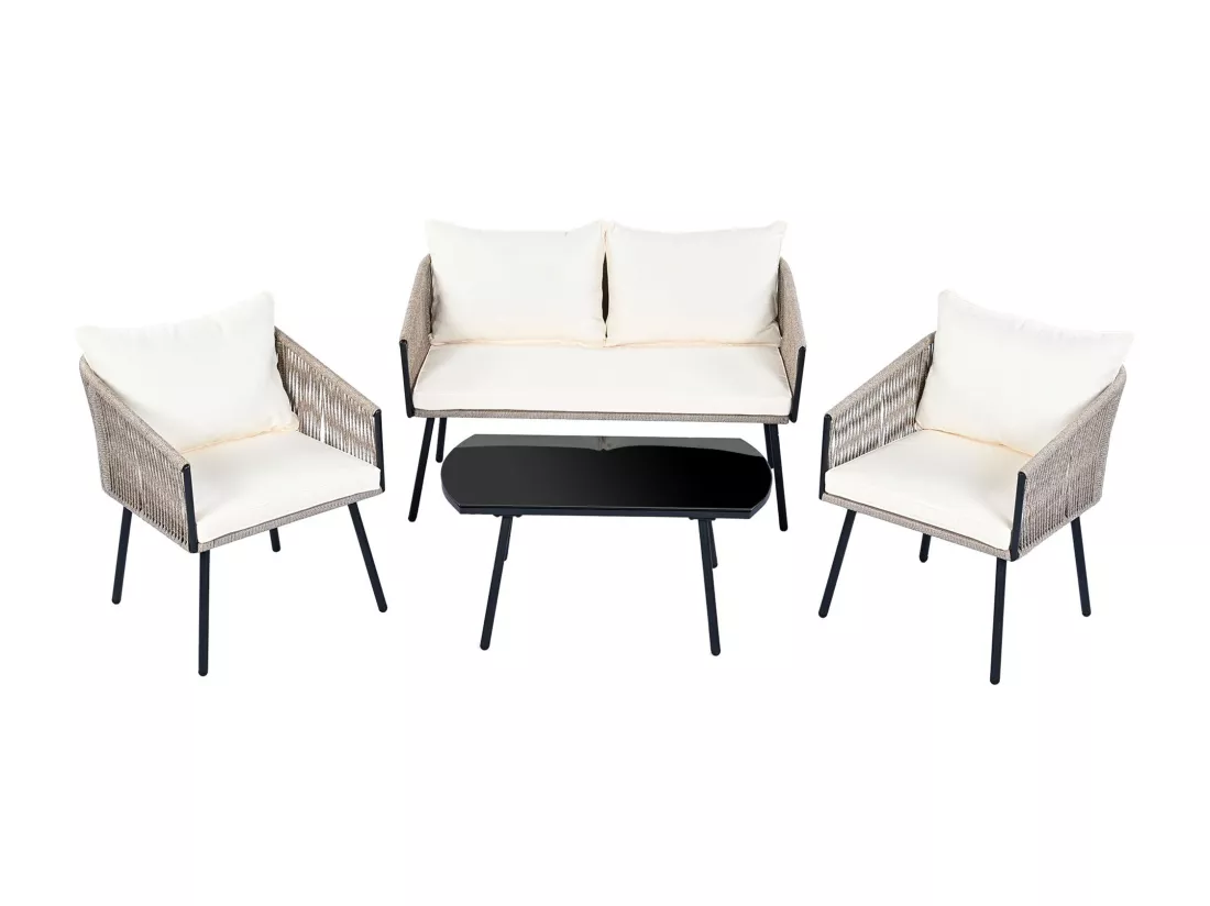Salon de jardin, ensemble de meubles de jardin, 4 places, canapé, 2 fauteuils et table basse, extérieur, corde PE tressée, acier galvanisé, beige