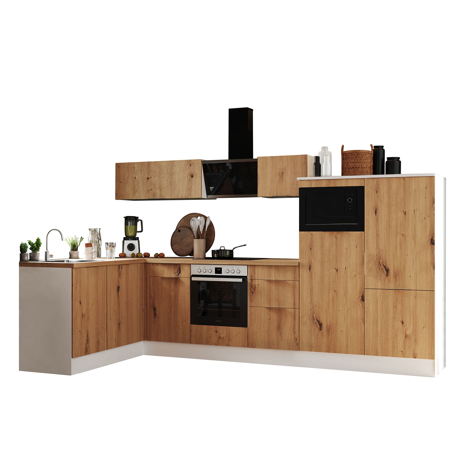 RESPEKTA Winkelküche - Artisan Eiche - weiß matt - mit E-Geräten - 340x175 cm
