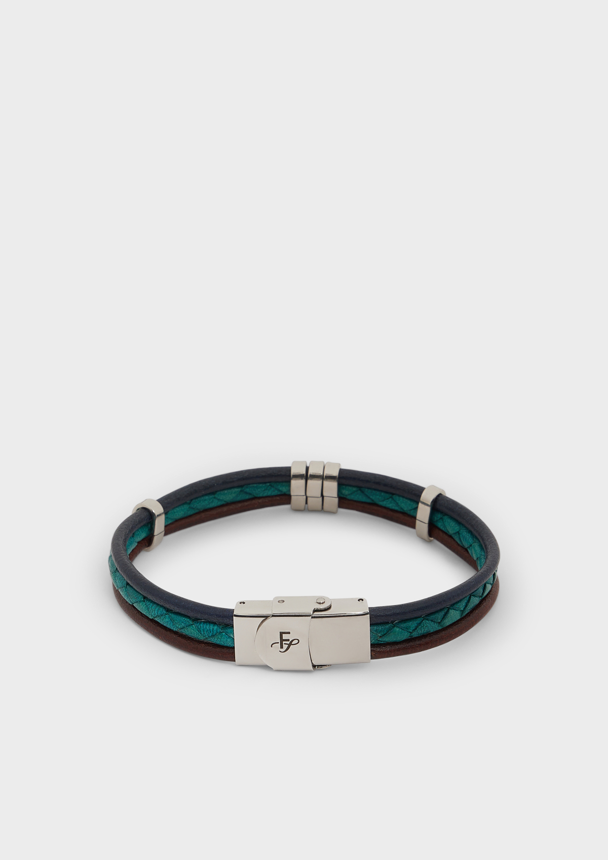 Bracelet en cuir lisse bleu paon, bleu marine et marron