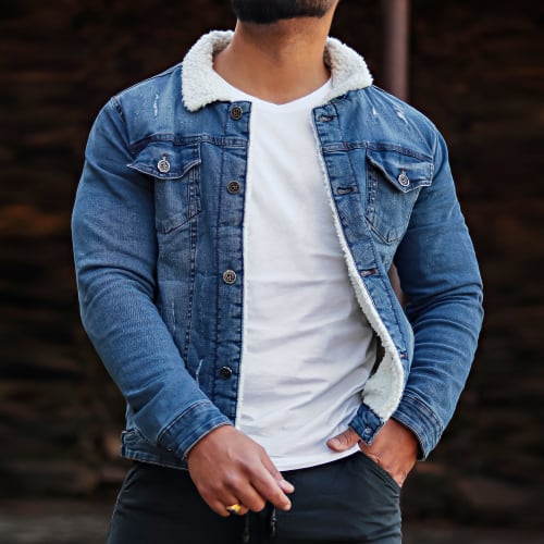 Veste Jean Slim Fit A Col Mouton Bleu Denim