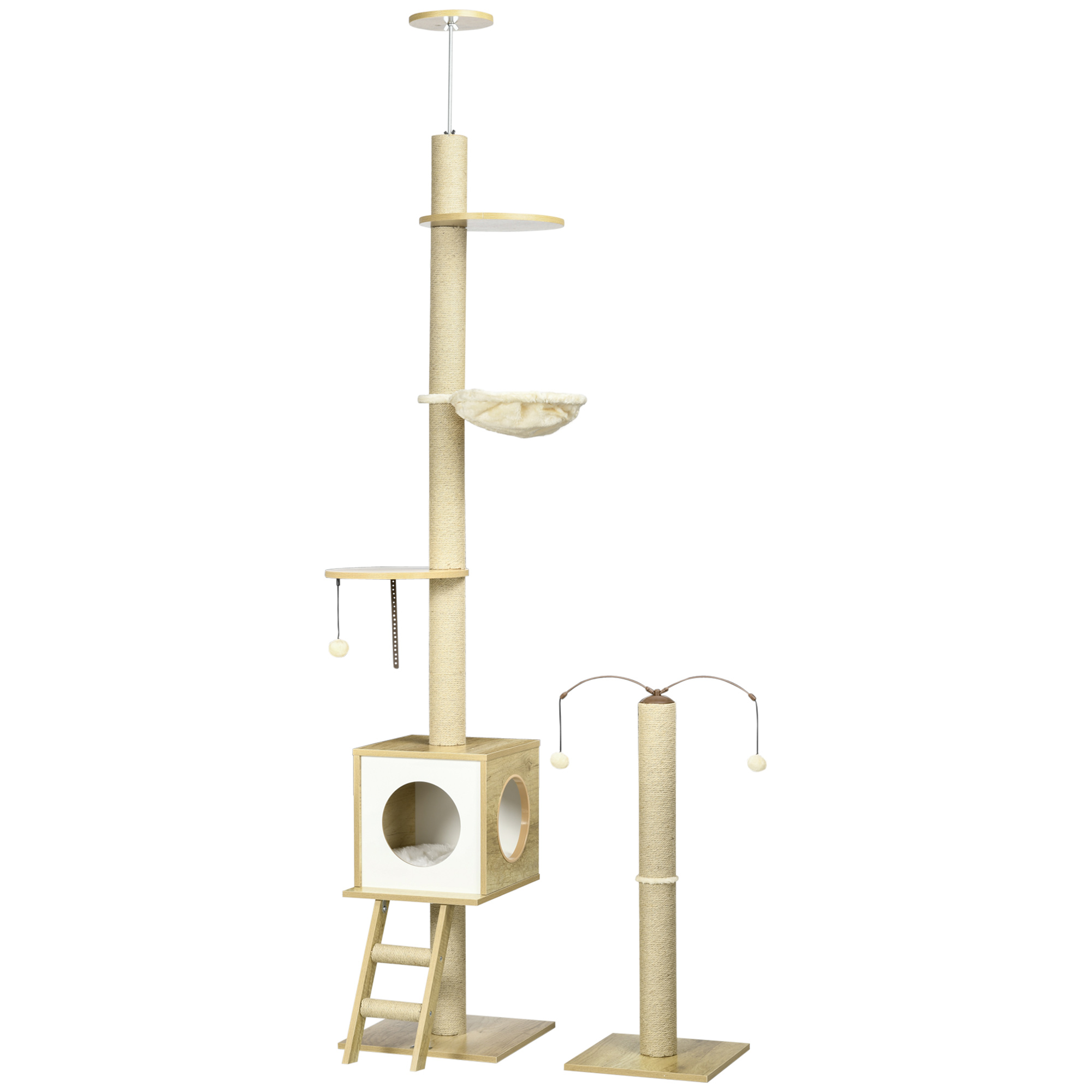 Árvore para Gatos PawHut, do chão ao teto, 225-285 cm, Árvore pequena para gatos com altura ajustável, plataformas, rede, casinha, poste de juta, rampa e bolas para brincar, 40x40x225-285 cm, bege