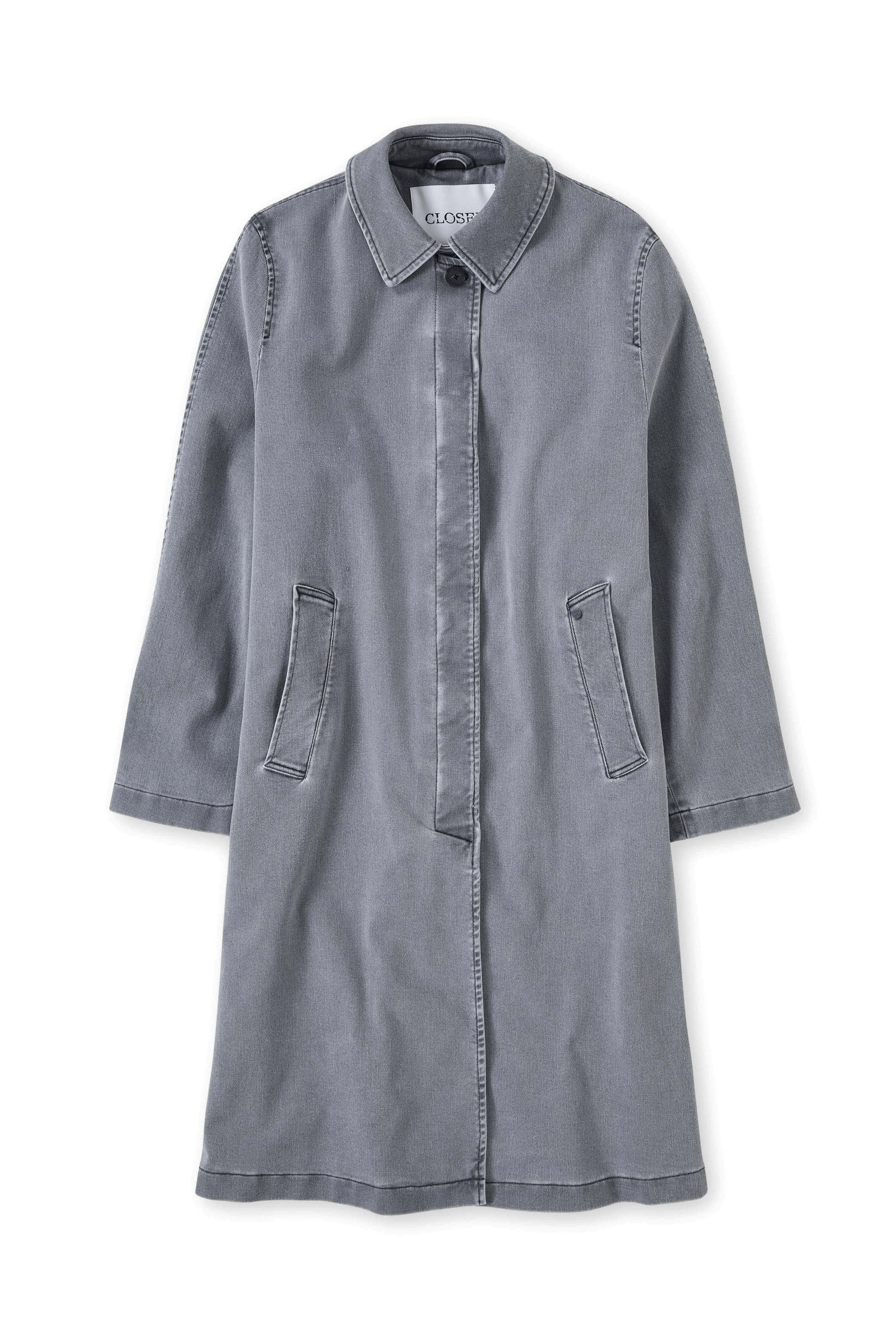 Manteau long droit col classique en coton mélangé | Gris