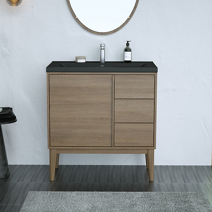Ensemble meuble sous vasque placage bois Kabayan + plan vasque céramique noir Nira l.80 cm