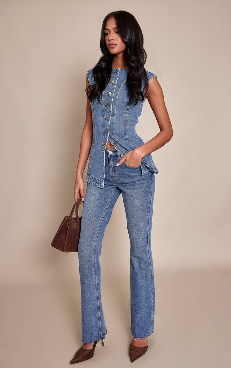Bleu Foncé Jean Évasé Taille Basse Stretch Coupe Longue