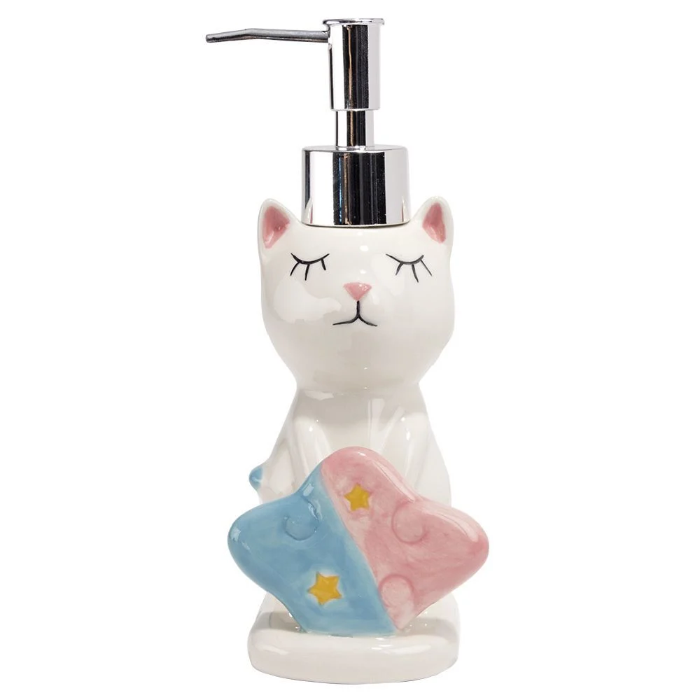 Distributeur à savon forme chat avec porte éponge grès blanc rose bleu