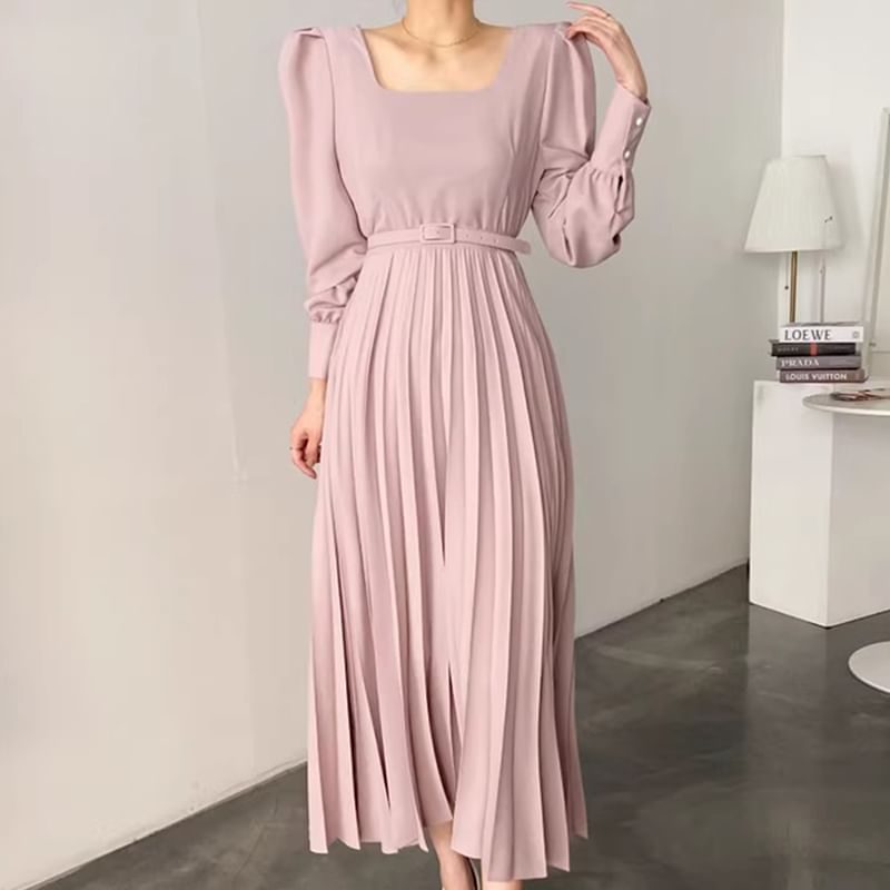 Coris - Midi-A-lijnjurk met lange mouwen en vierkante hals en bloemenprint