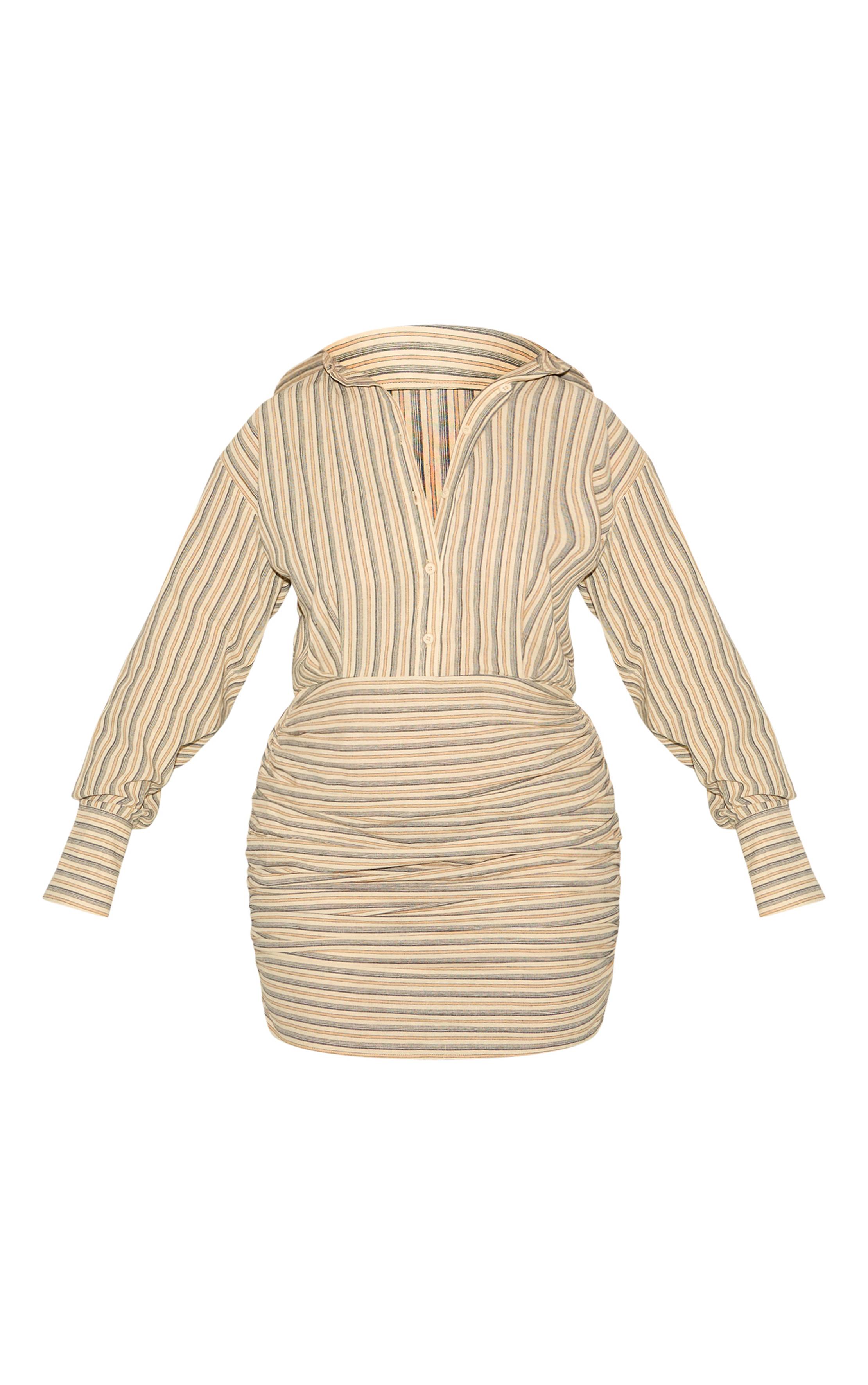Vert Olive Robe Chemise Shape À Rayures Avec Boutons Devant Et Ourlet Froncé