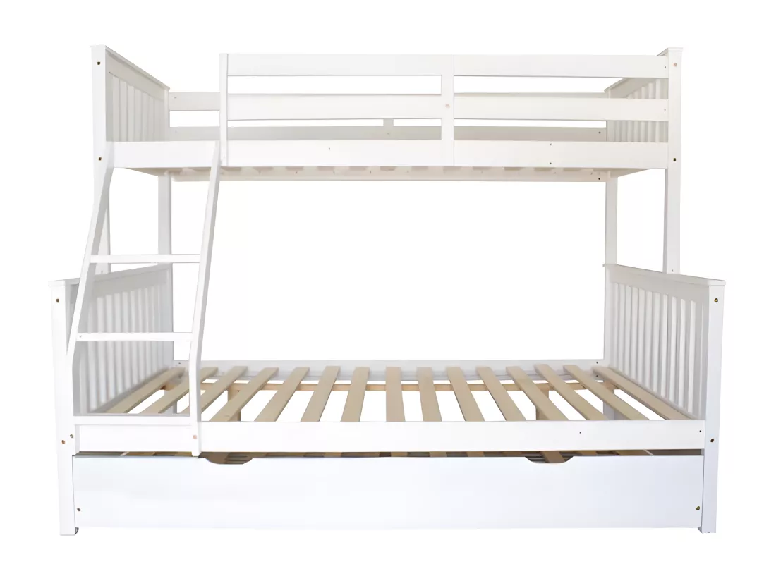 Lit superposé triple + lit tiroir bois blanc 135 cm