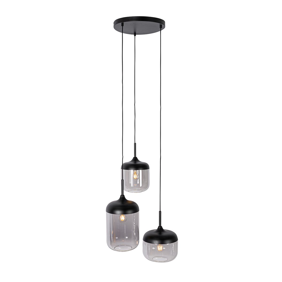 Hanglamp zwart met goud en smoke glas 3-lichts rond - Kyan
