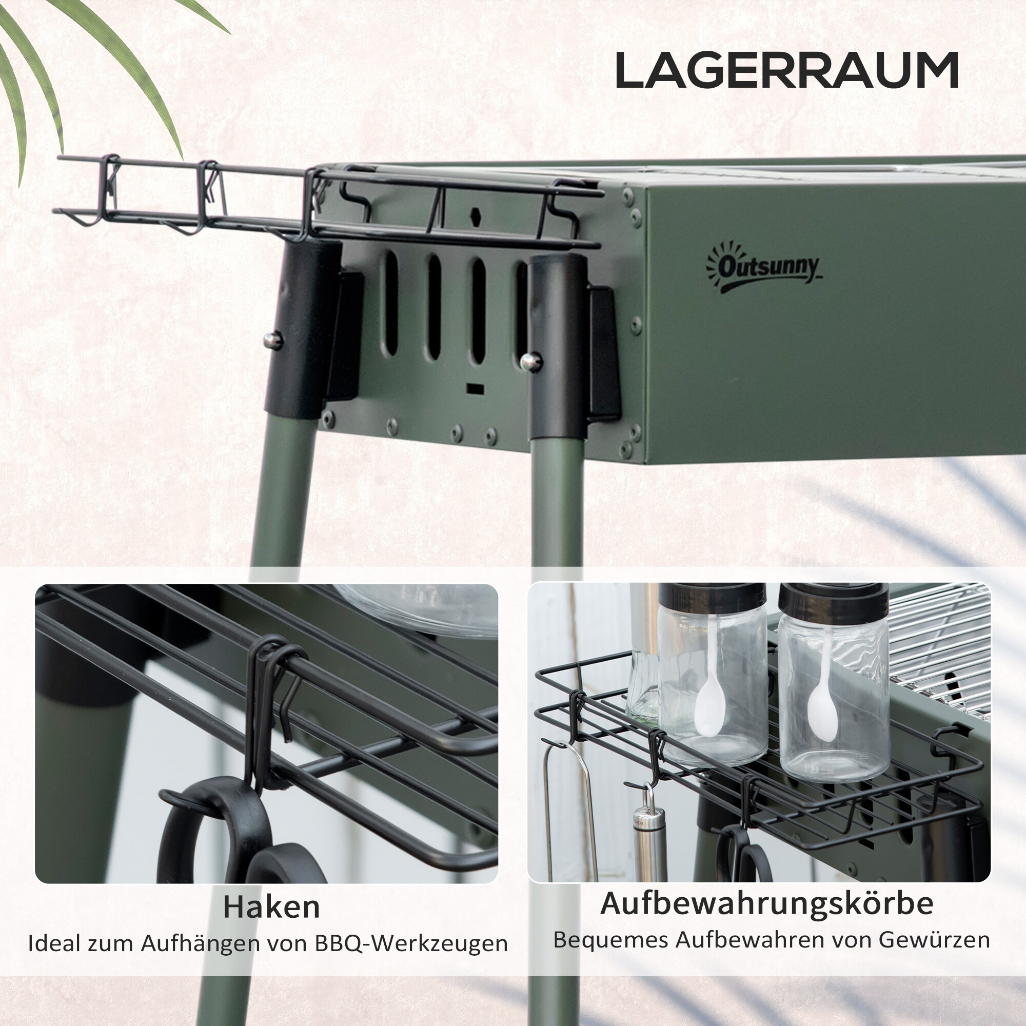 Outsunny Holzkohlegrill mit Grillrost, Grillrost-Clip und Seitenkörbe grün 77L x 30B x 70H cm