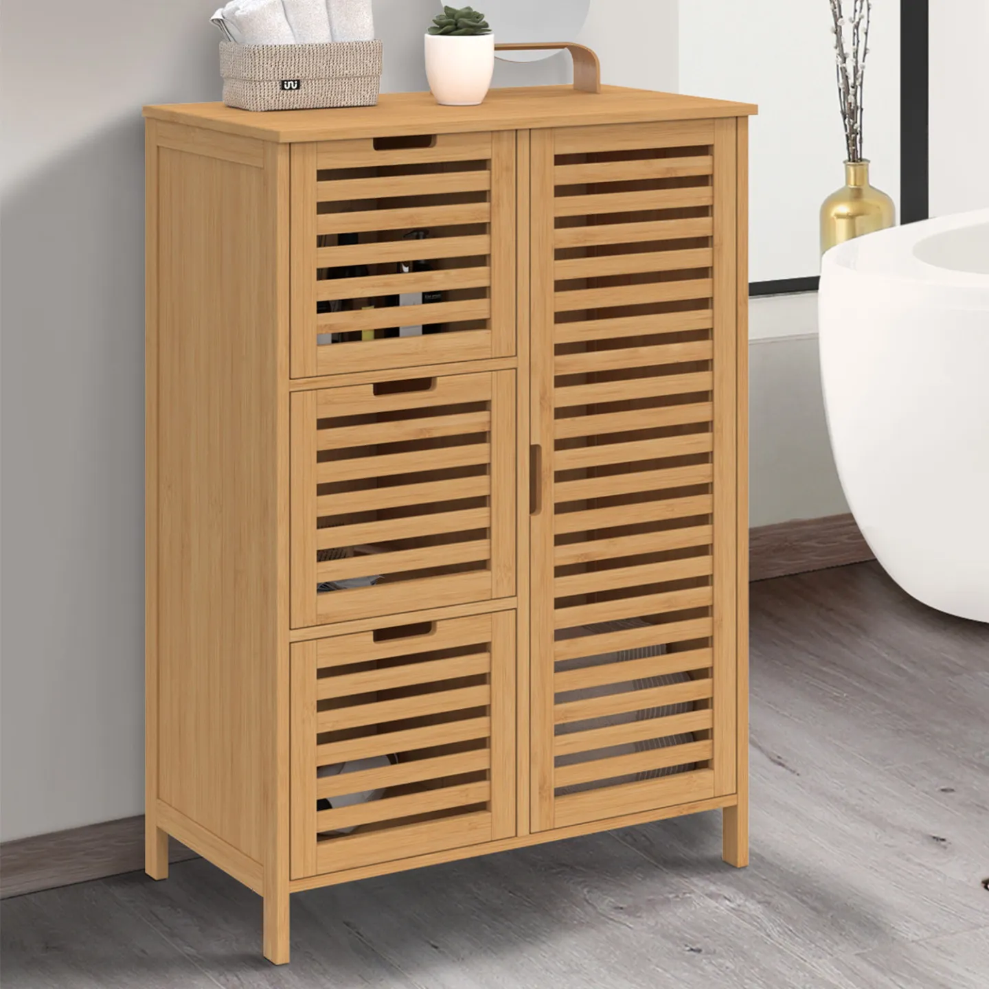 Meuble de rangement salle de bain bambou BEA 3 tiroirs avec placard