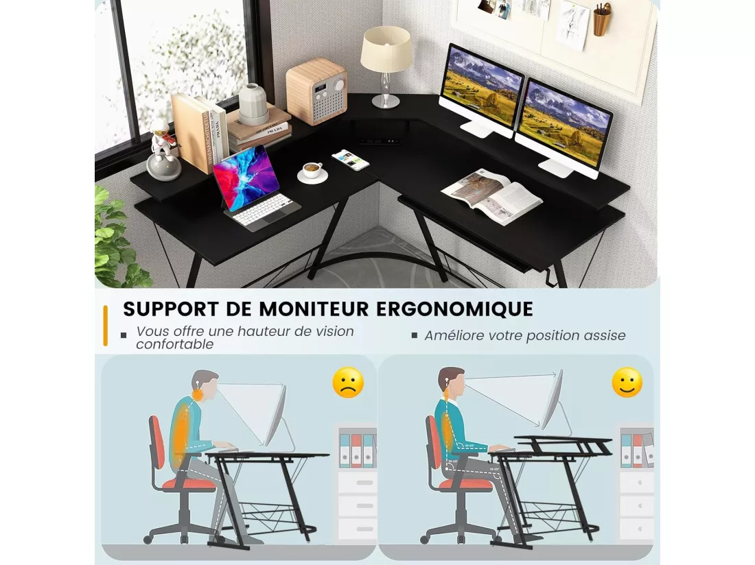 Bureau d'angle 130 x 130 cm, Bureau d'Ordinateur en Forme de L avec Long Support de Moniteur, Plateau à Clavier, Table Informatique avec 2 Prises de Courant & 2 USB (Noir)