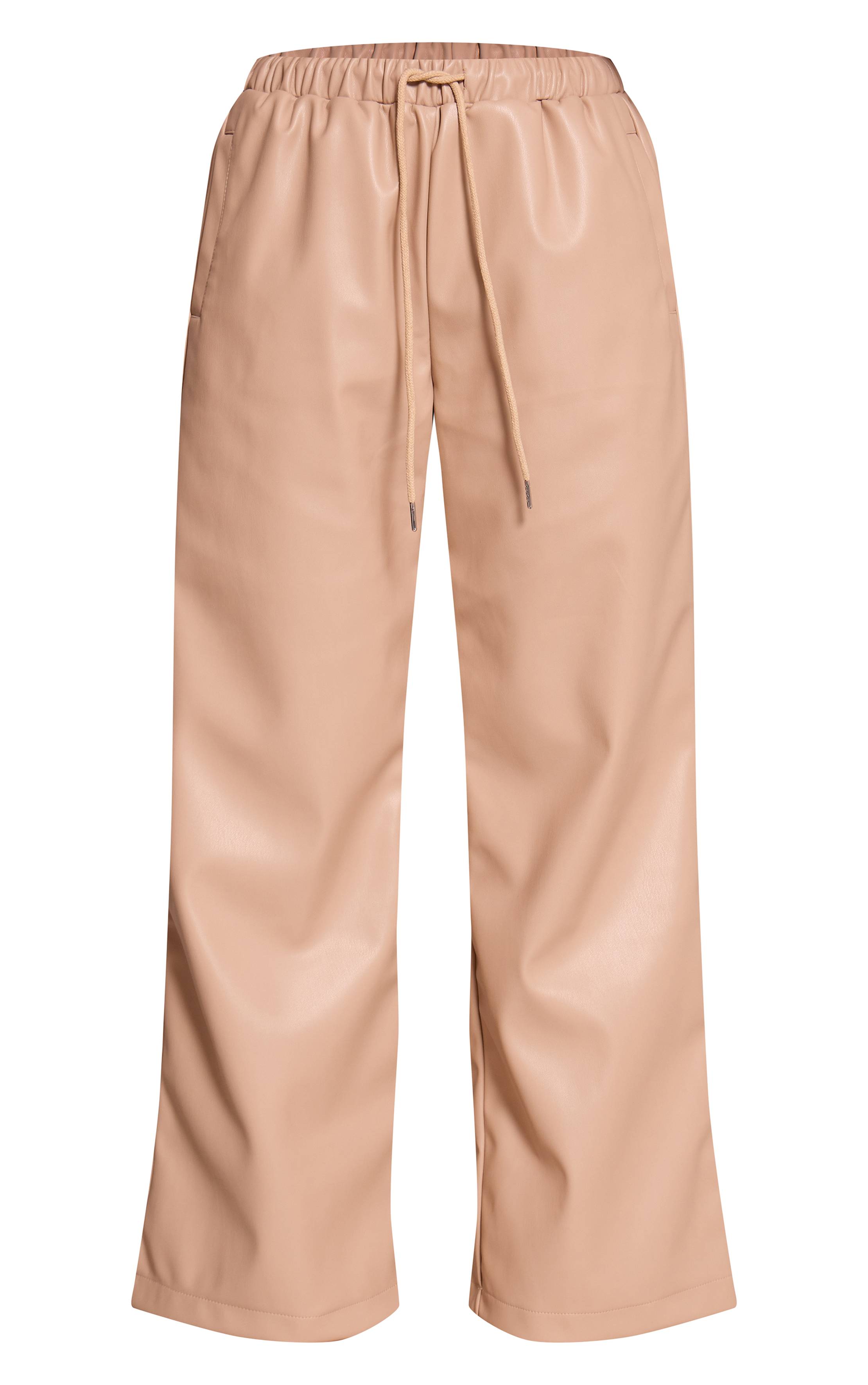Beige Pantalon Large Taille Élastiquée En Synthétiquecuir Petite Taille Ensemble Coordonné