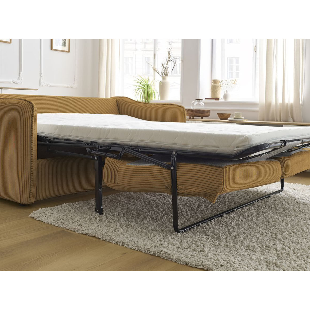 Bobochic Canapé droit convertible express en Velours côtelé 3 places Lenny jaune - 178x102x89 cm