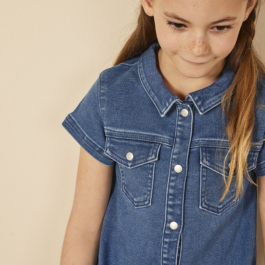 Robe chemise manches courtes effet jean pour fille - Bleu