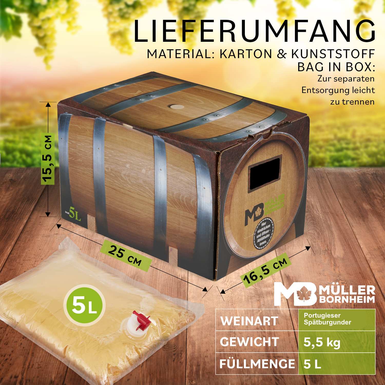 Weinhaus Müller Bornheim Pfalz Portugieser Spätburgunder Rosé Wein trocken 11,5 % vol. 5 Liter Bag in Box