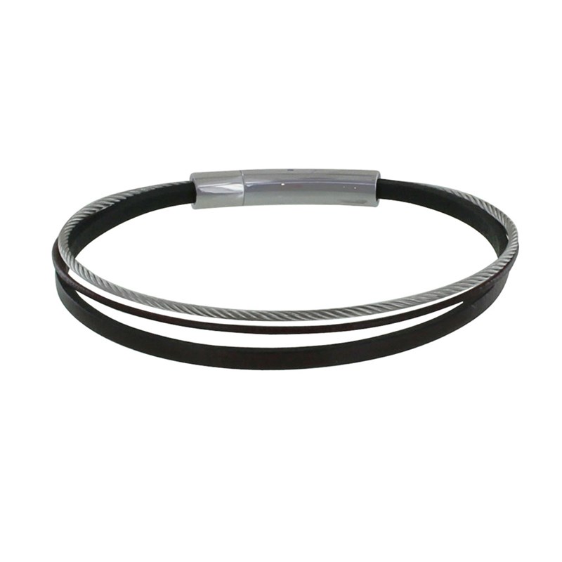 Bracelet Homme Cuir Simple et Câble Acier Inoxydable - Noir