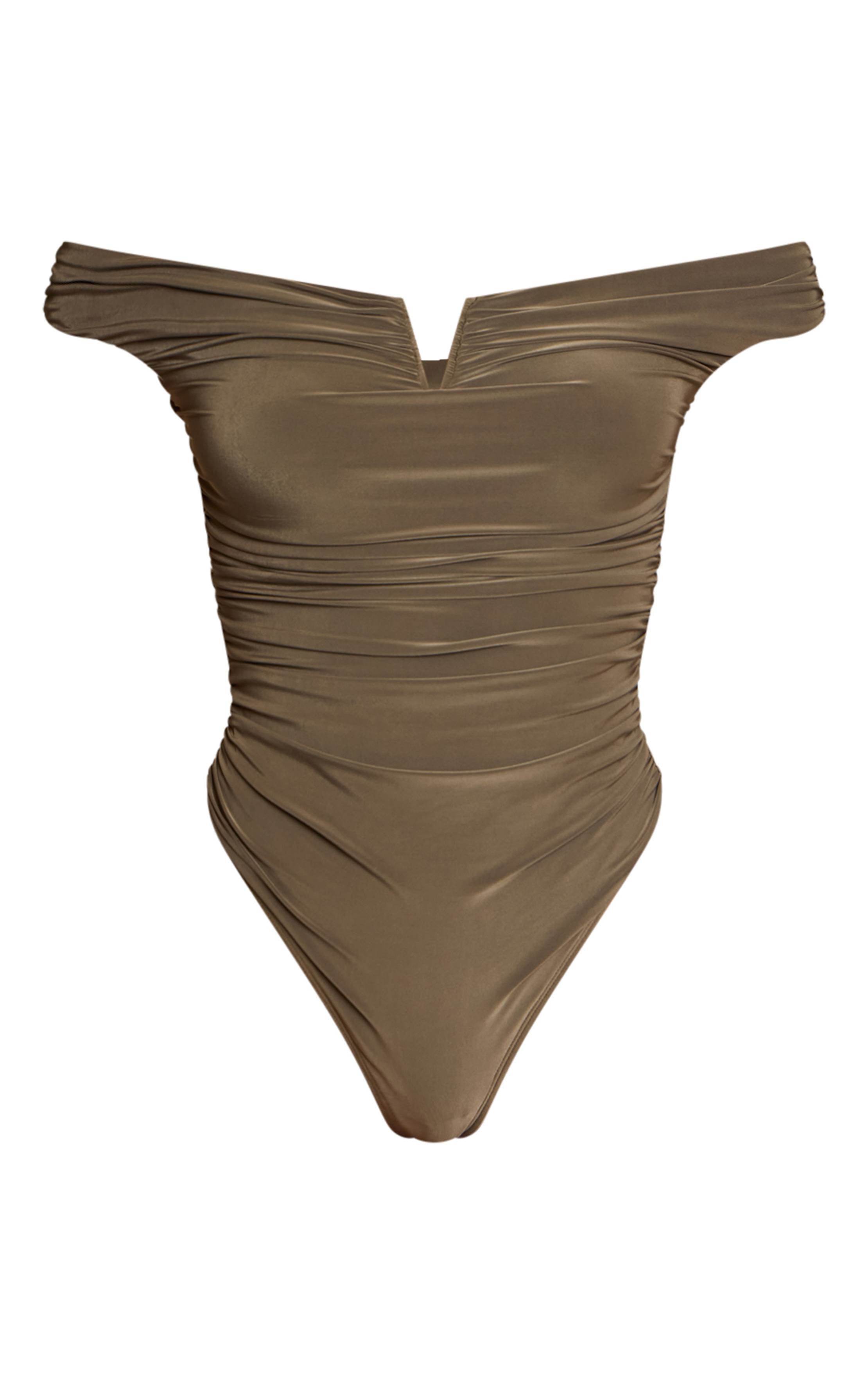 Kaki Body À Détail Froncé Extrême En Tissu Slinky Double Couche