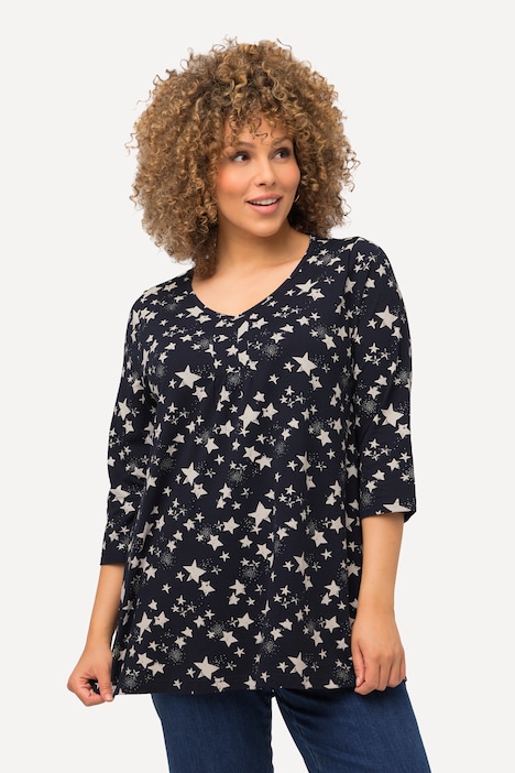 Weihnachts-Shirt, Sterne, V-Ausschnitt, 3/4-Arm