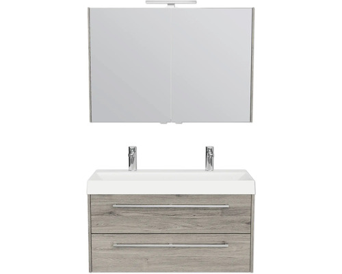 Badkamermeubelset Pelipal Milano (B x H x D): 100 x 200 x 45 cm, frontkleur: Sanremo eiken, met dubbele wastafel van wit gegoten mineraal (SET-138-046)