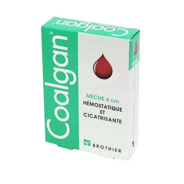 Algodão hemostático Coalgan, pacote com 4 sachês de 5 unidades cada.