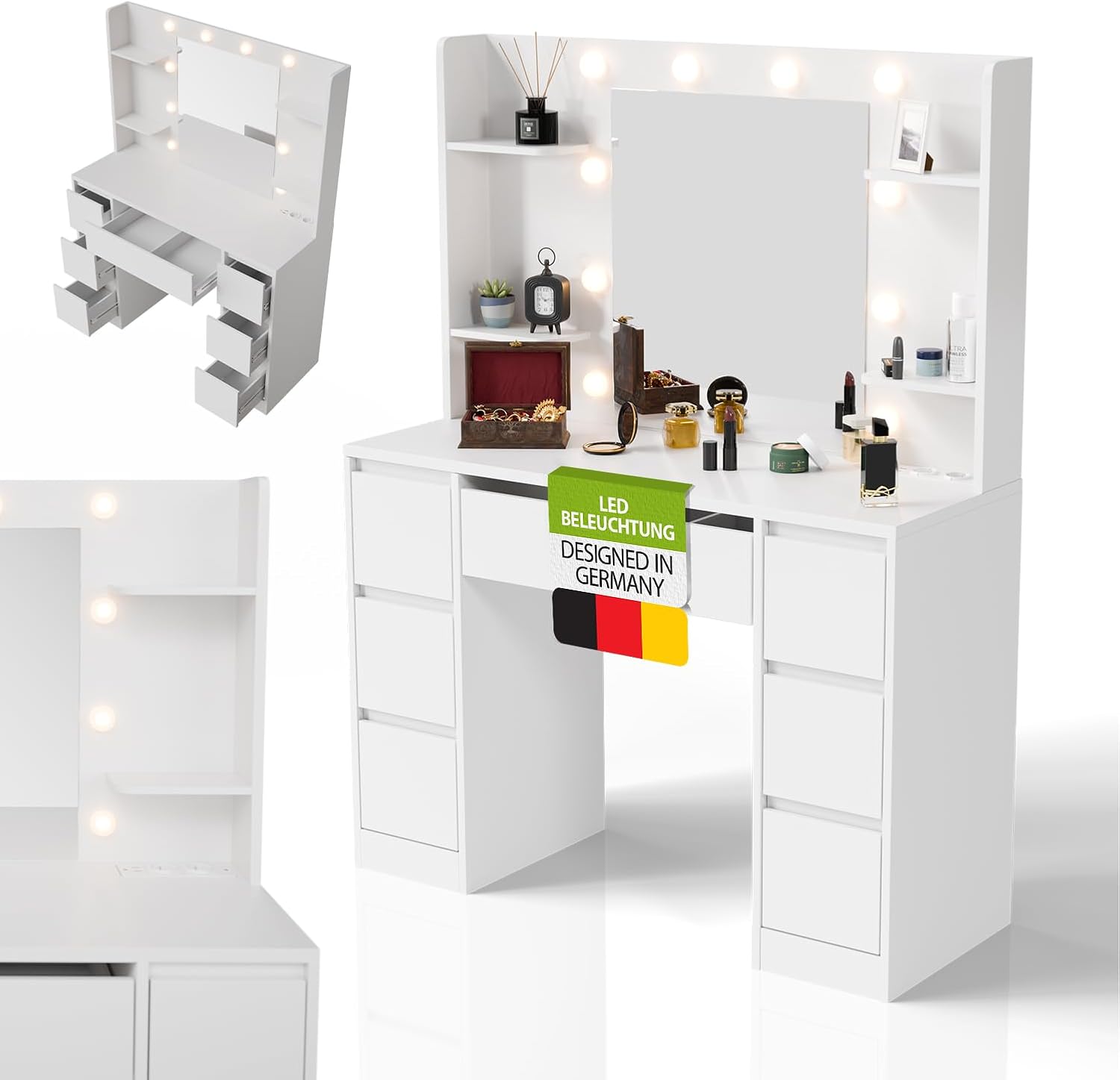 Juskys Schminktisch Malia mit LED-Spiegel, 7 Schubladen, individuelle Lichteinstellung, viel Stauraum, modernes Design, kompakt & pflegeleicht für Make-up
