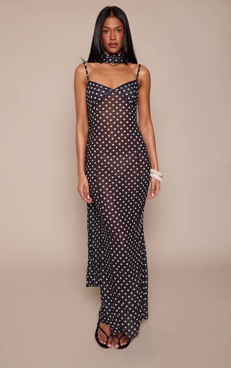 Noir Robe Maxi Longue En Mousseline À Pois Avec Foulard Imprimé