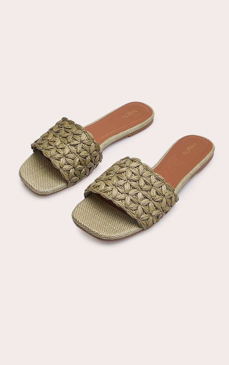 Kaki Sandales Mules Plates En Raphia