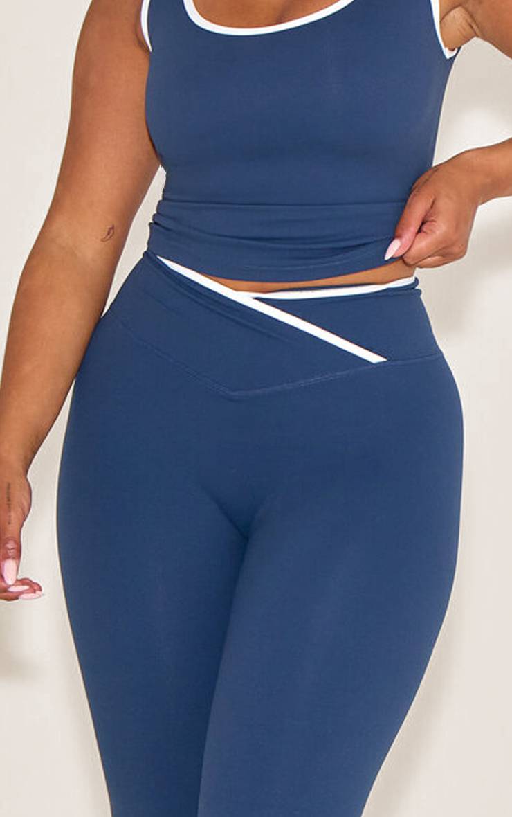 Bleu Marine Legging Sculptant À Ceinture Croisée Avec Bordures Contrastées
