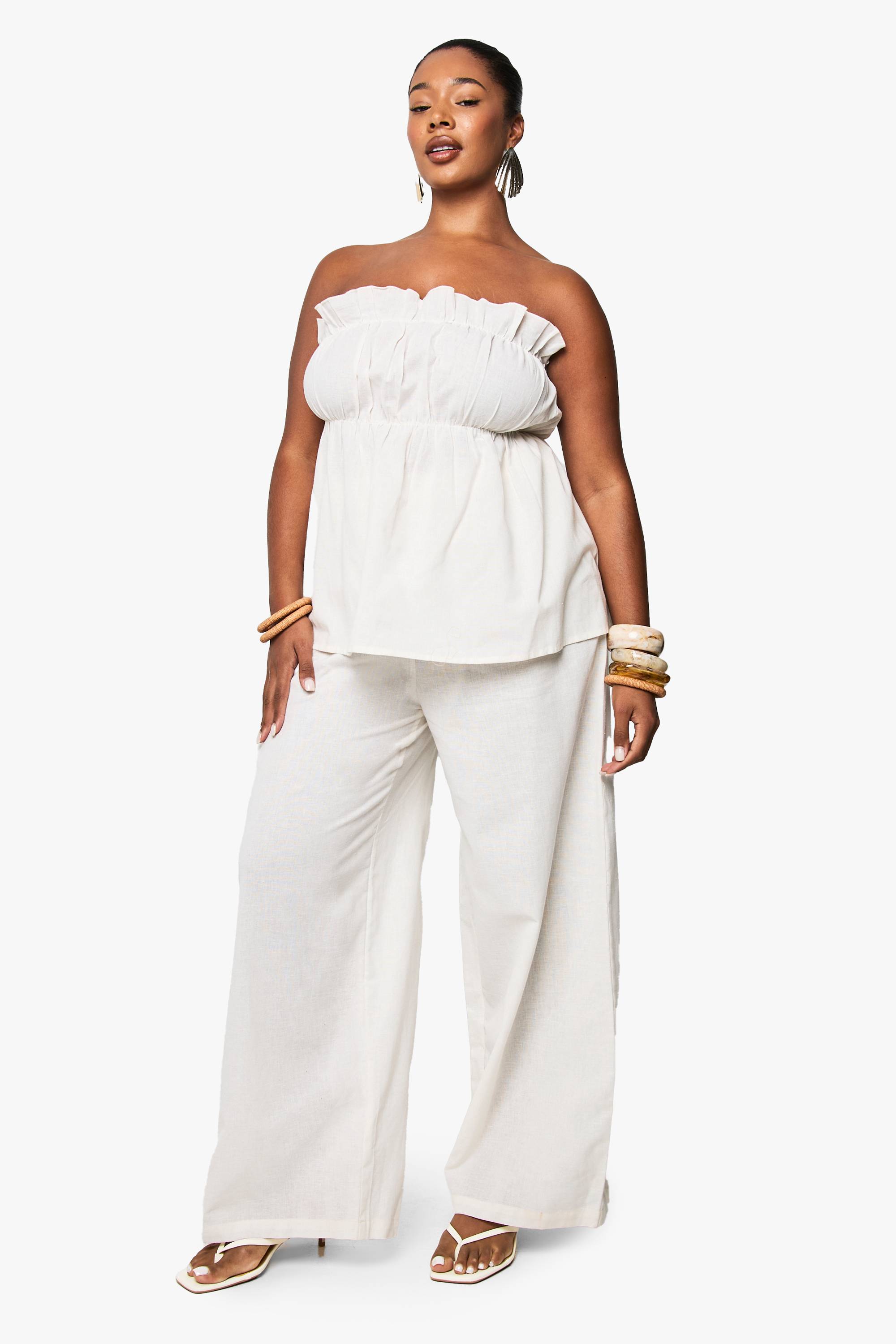 boohoo Coordonné grande taille en effet lin avec bandeau long et pantalon à jambe large