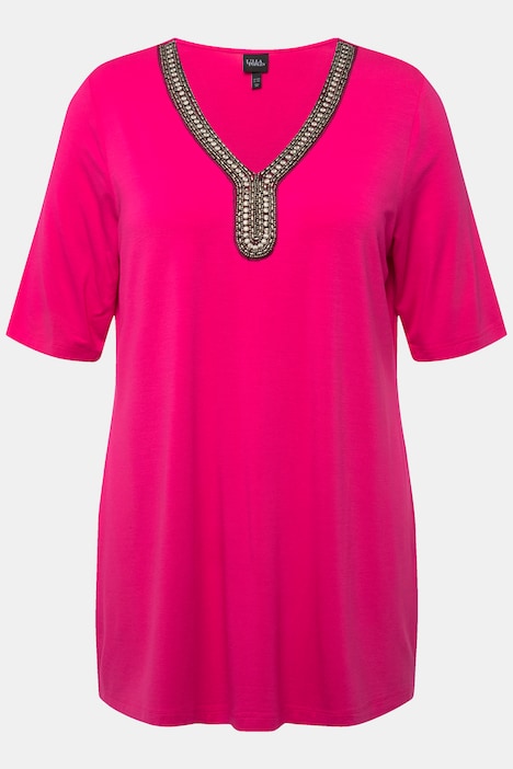 Shirt-Tunika, Perlen, A-Linie, Tunika-Ausschnitt, Halbarm