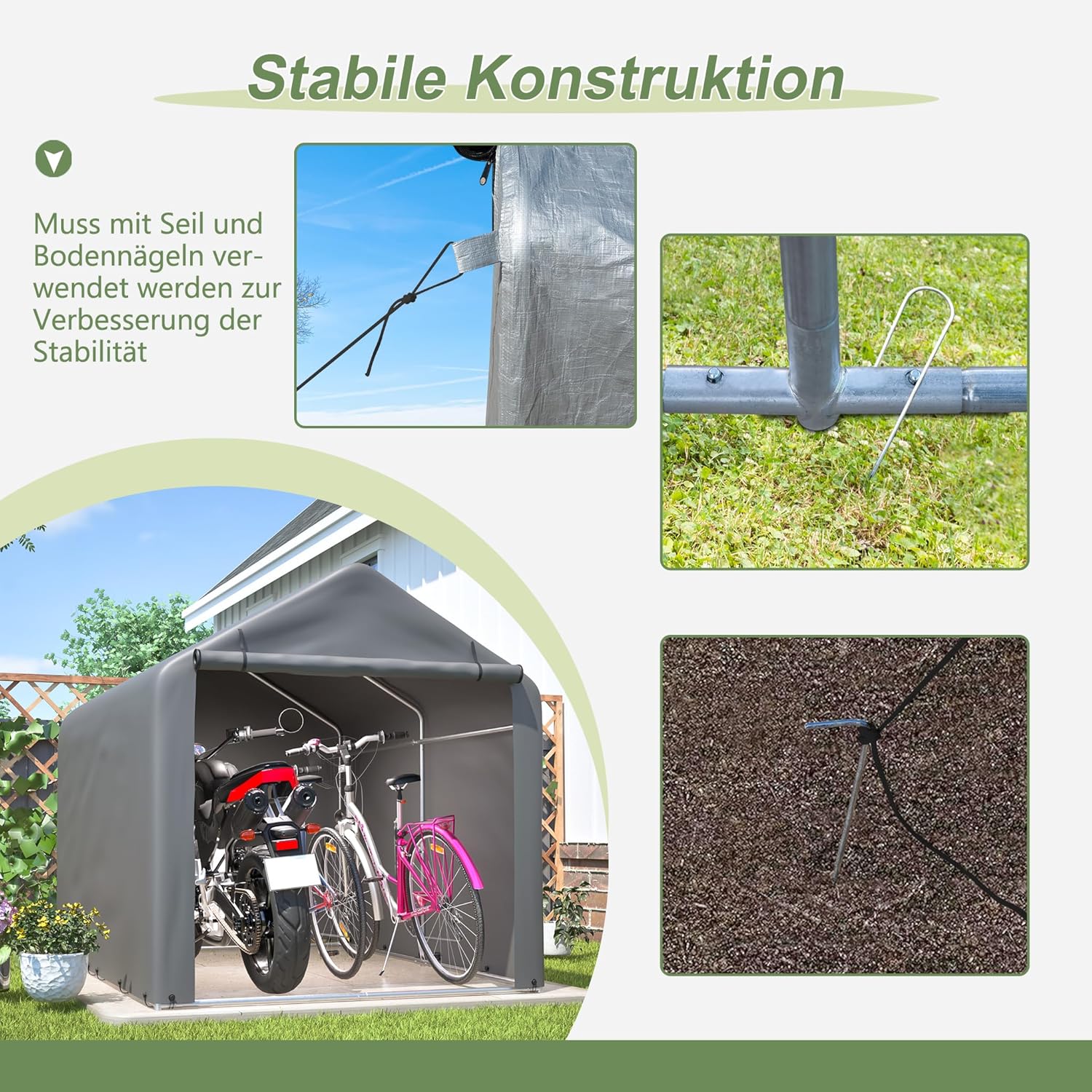 Ball & Cast Fahrradgarage wetterfest Geräteschuppen für 2-4 Fahrräder Carport Zelt mit UV-Schutz Fahrradschuppen für Regenschutz Motorrad Garage Gartenhaus Grau 160×220×165 cm