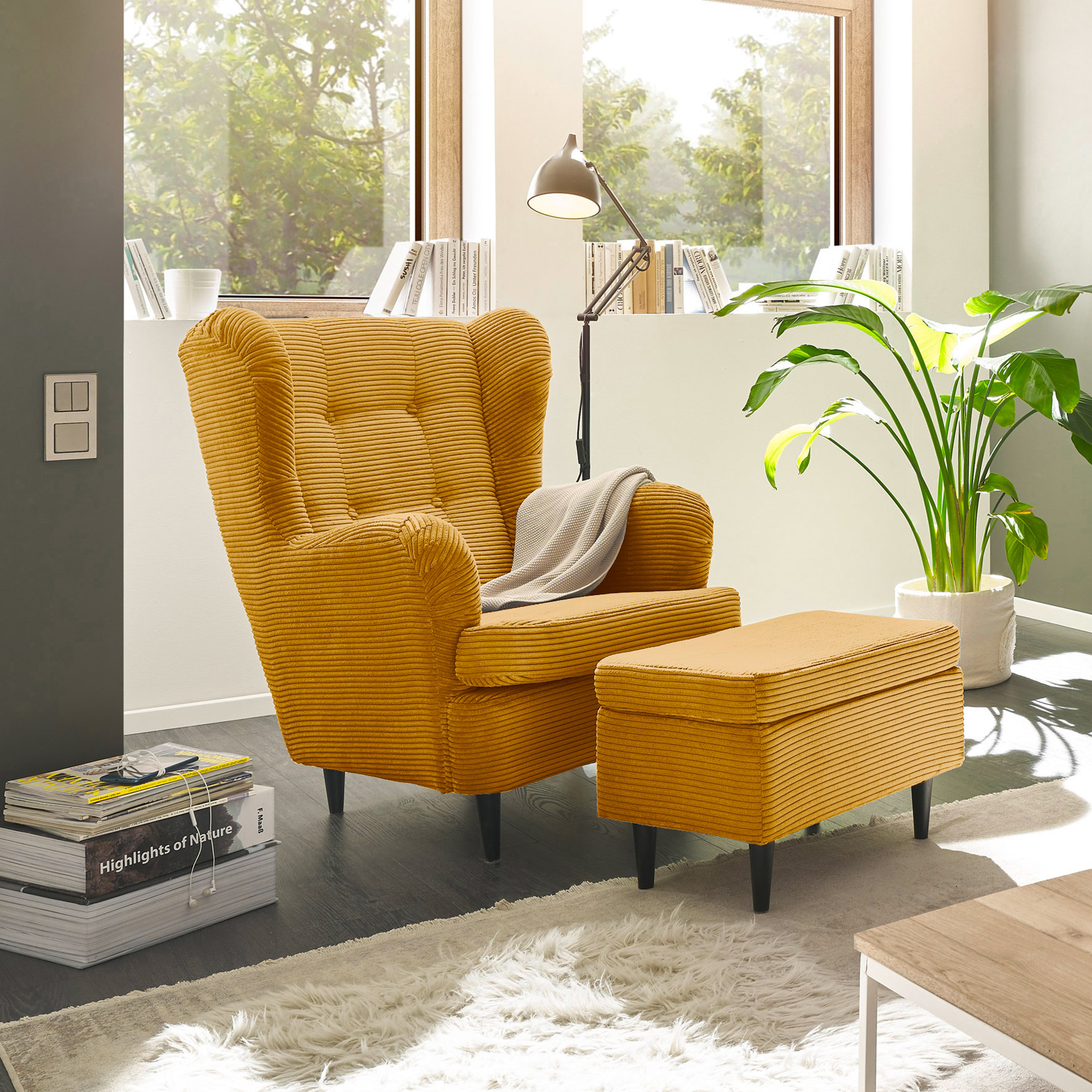 Ohrensessel - mustard - Cord - Massivholzfüße