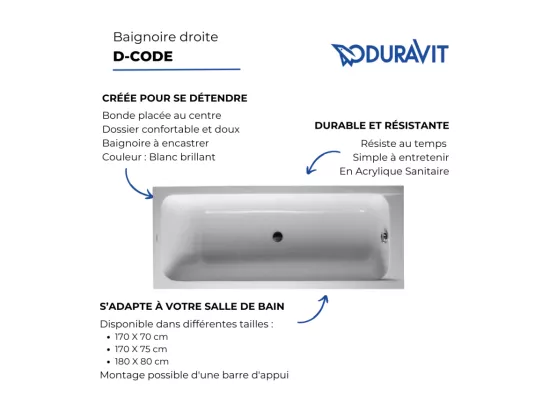 Baignoire droite 170x70 DURAVIT D-Code bonde au centre