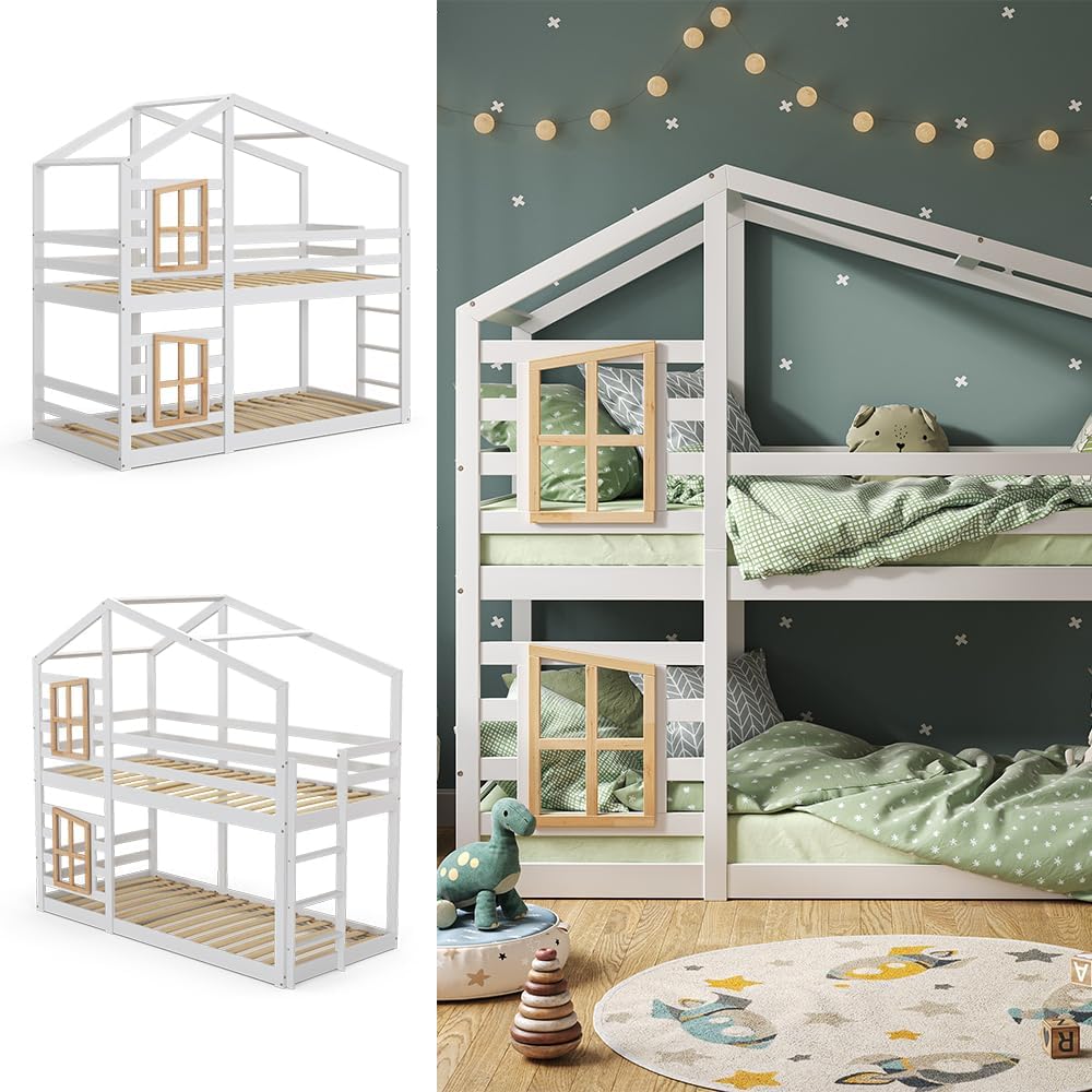 Etagenbett 90x200 cm Maja - Weiß 208x195x97 cm aus Holz - Kinderbett sicher & ideal für 2 Kinder, inklusive Lattenroste