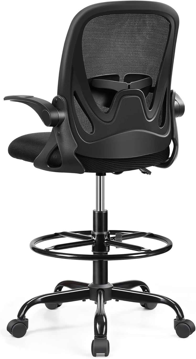 Primy Ergonomisches Bürostuhl, höhenverstellbarer Zeichenstuhl mit klappbaren Armlehnen und Verstellbarer Lendenstütze mit Fußstützenring, Familiendrehstuhl (Schwarz)