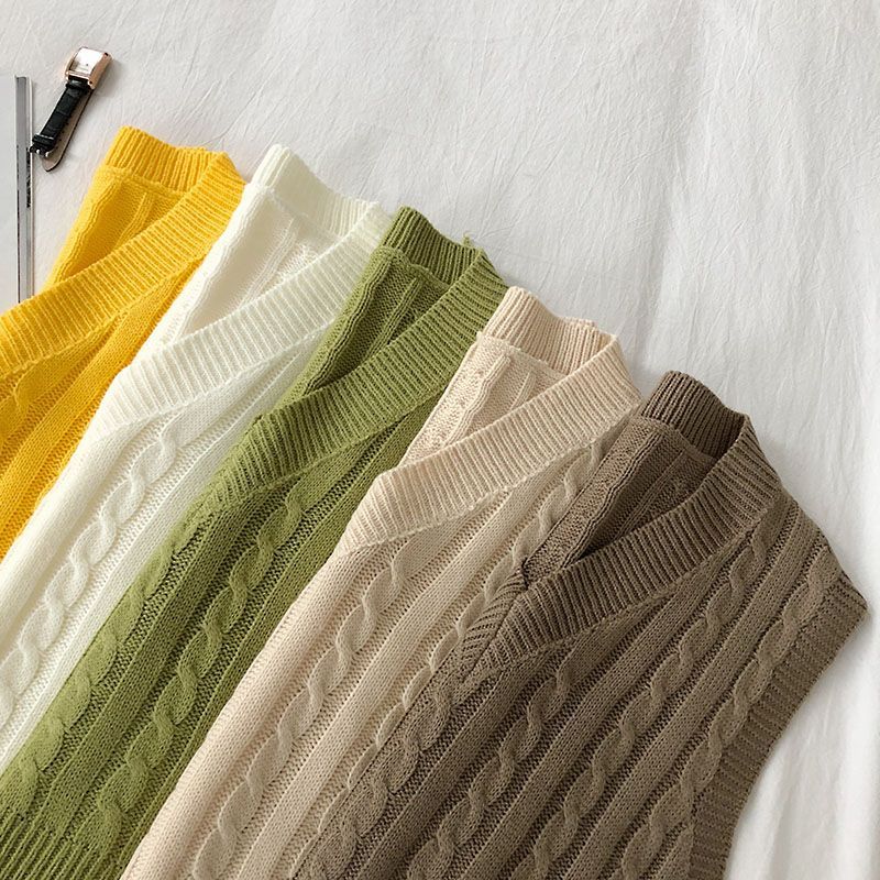 DIYI - Effen kabelgebreid vest met V-hals