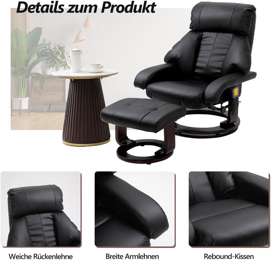 Mingone Massagesessel mit Wärmefunktion Fernsehsessel mit Hocker Relaxsessel mit Liegefunktion Elektrisch TV-Sessel für Wohnzimmer 360°Drehbar Kunstleder Schwarz